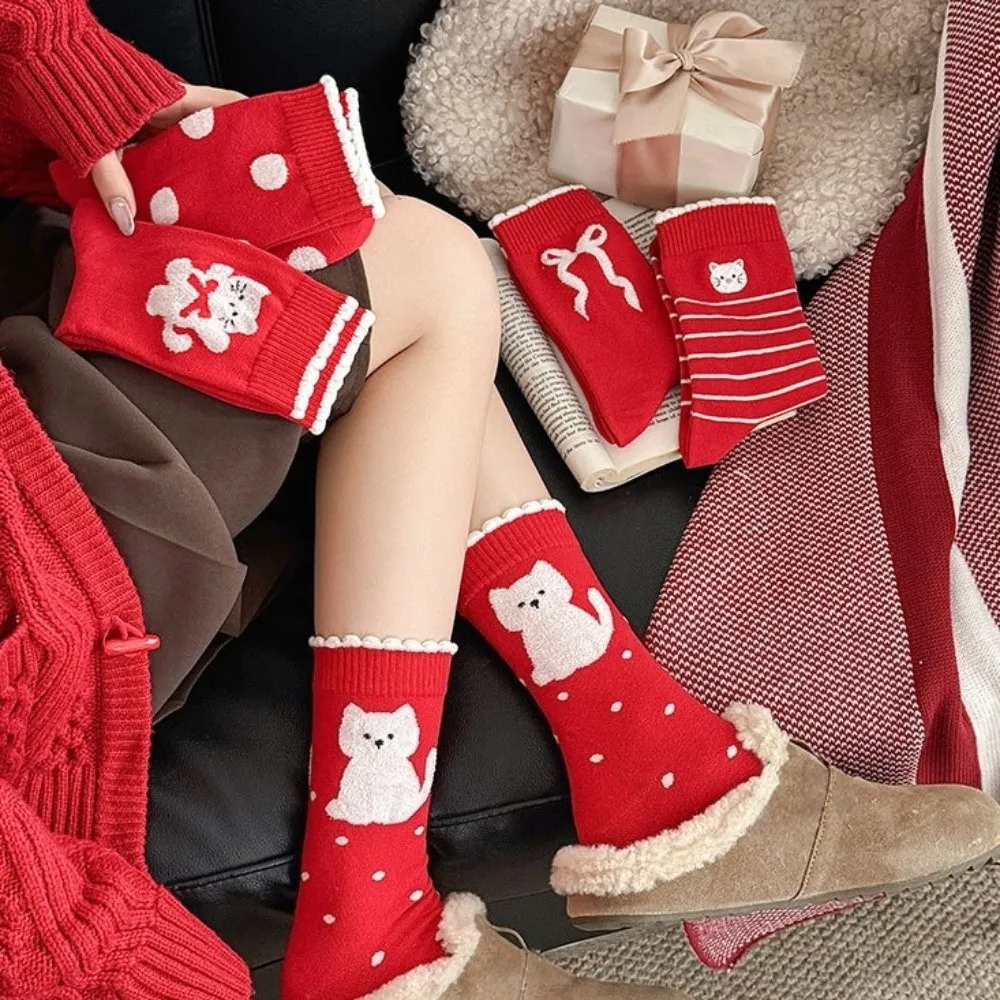 5 Pairs Kitten Combed Cotton Red Socks Soft Creative Polka Dot Socks Fashion Comfortable Stripe Socks Spring Festival