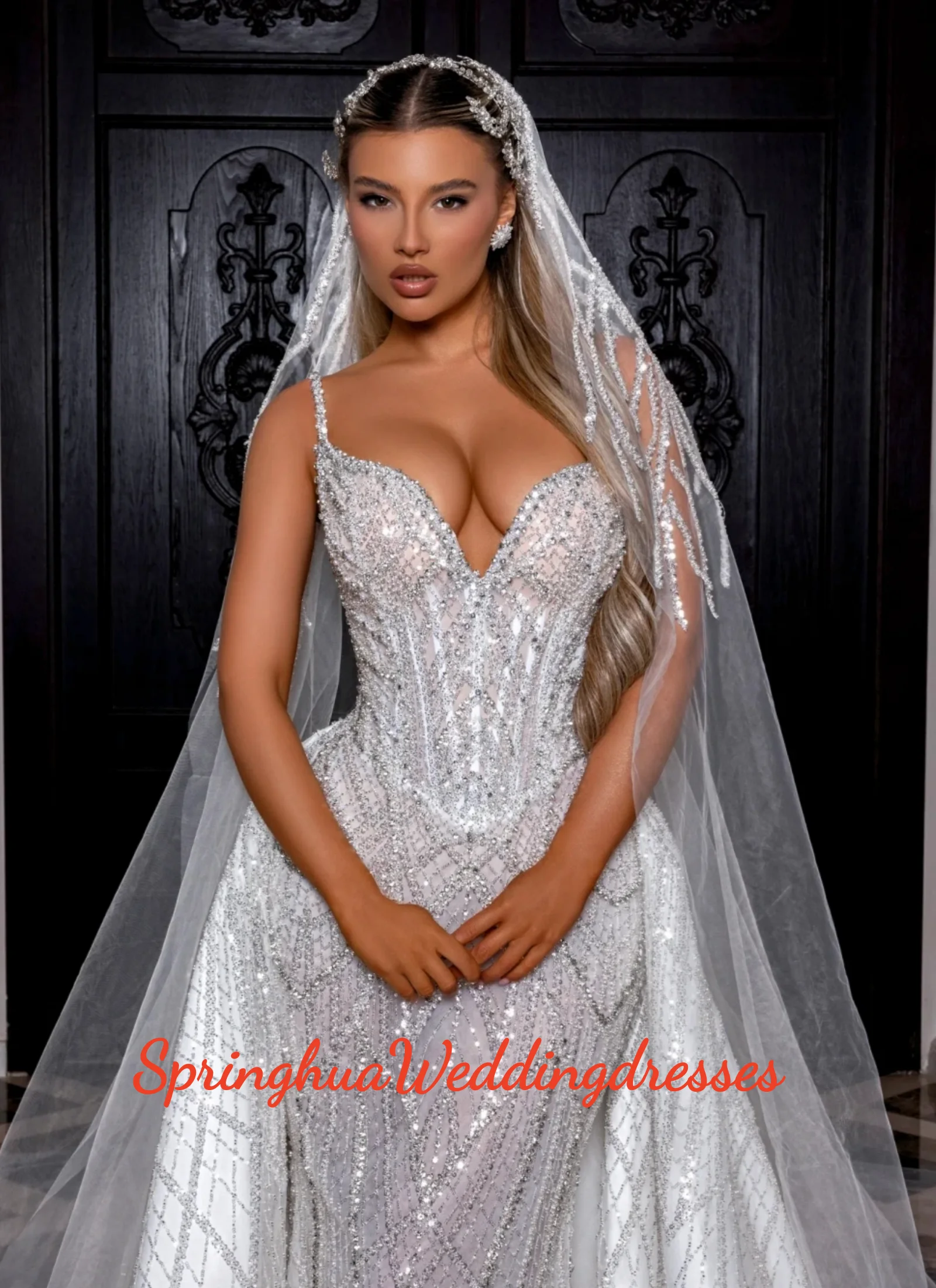 

Свадебное платье-футляр класса люкс на тонких бретелях с пайетками, без рукавов, со съемным шлейфом, на заказ (vestidos de novia)