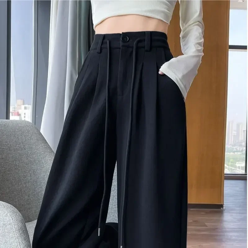 팝 하이 웨이스트 와이드 레그 스포티 캐주얼 바지 여성 봄 가을 새로운 스타일 슬리밍 롱 스트레이트 컷 바지
