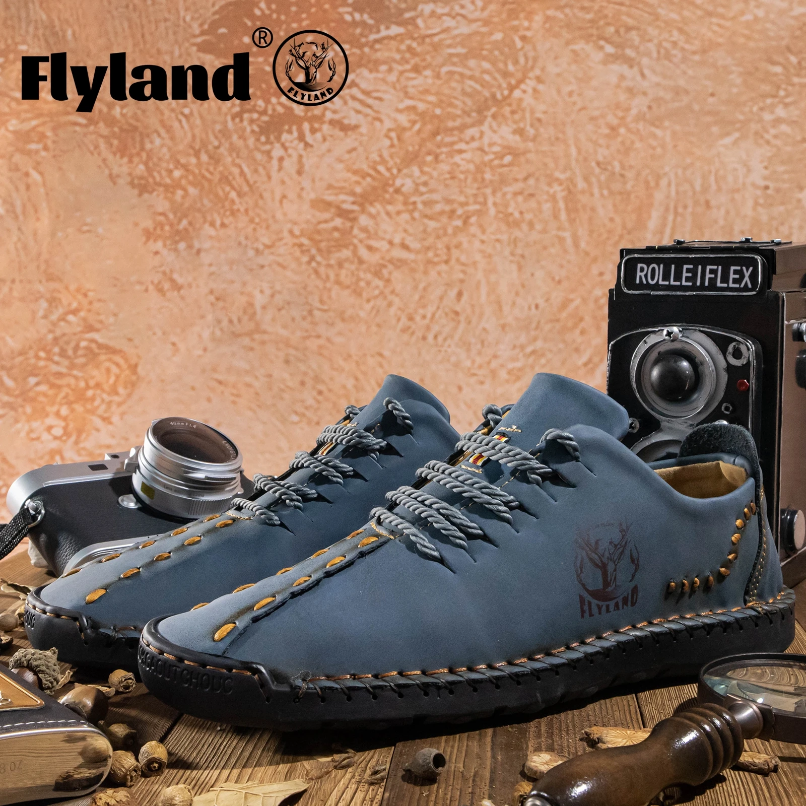 

FLYLAND Men's Casual Sneakers Vintage Leather Handmade Shoess Male Ankle Boots