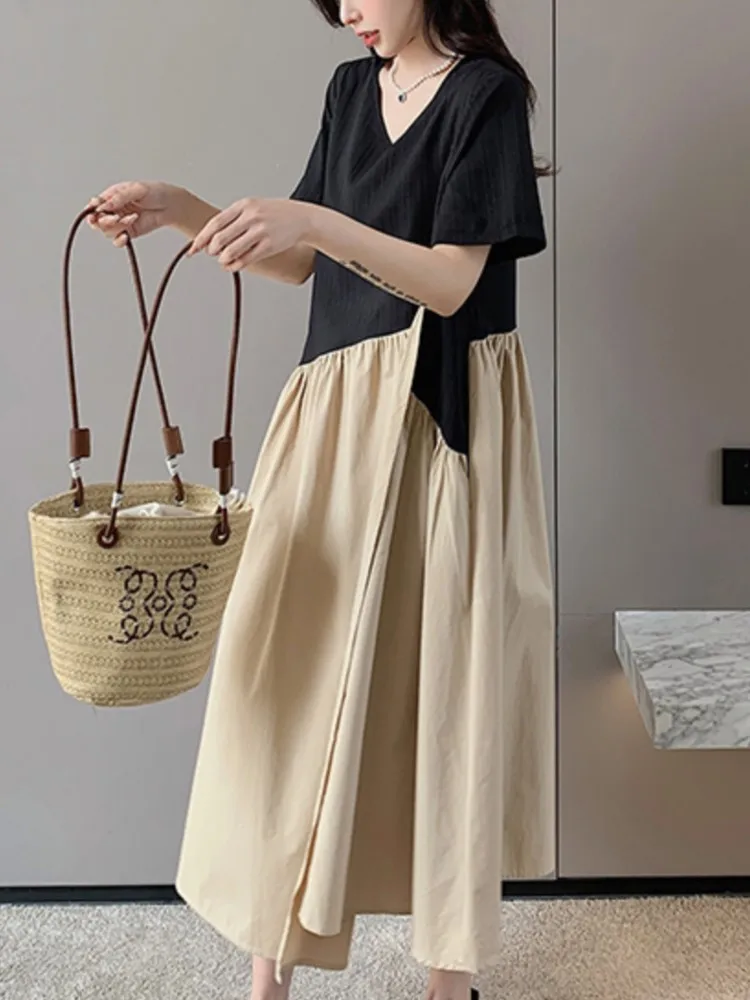 Falso de dos piezas de talla grande de verano Irregular camiseta vestido de mujer empalmado vestido largo de mujer moda Casual Vestidos de mujer