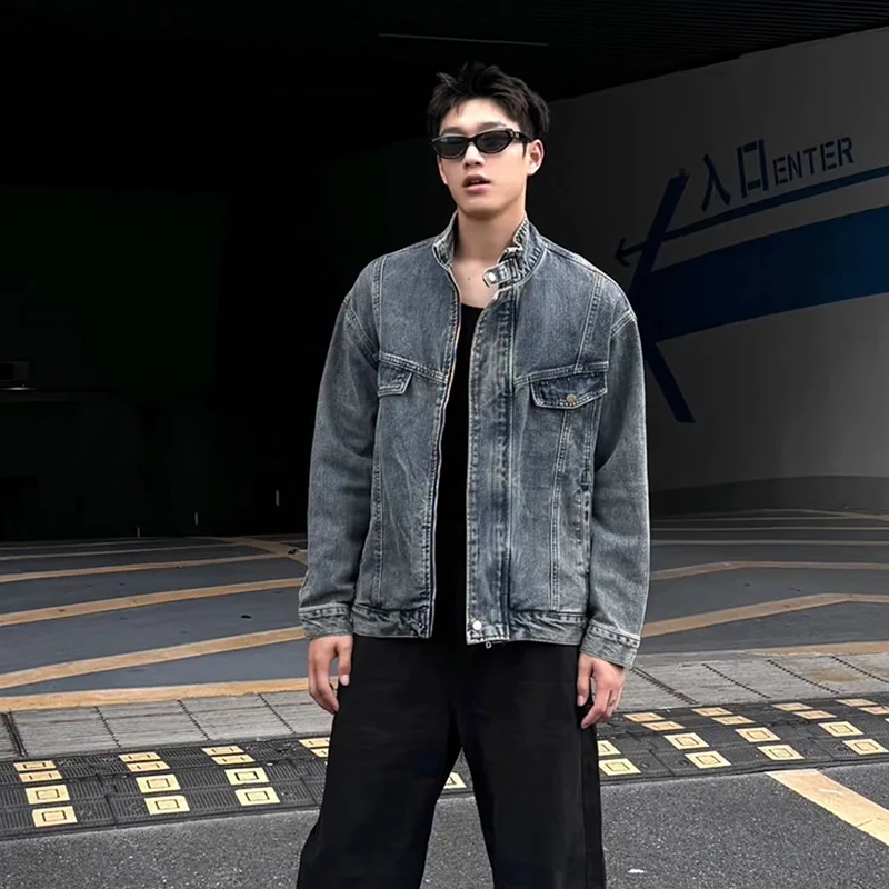 

American High Street Vintage Denim Jaet Men's Spring Autumn Stand Collar Cool Haome Workwear Jaet Loose Fit Youthful E...
