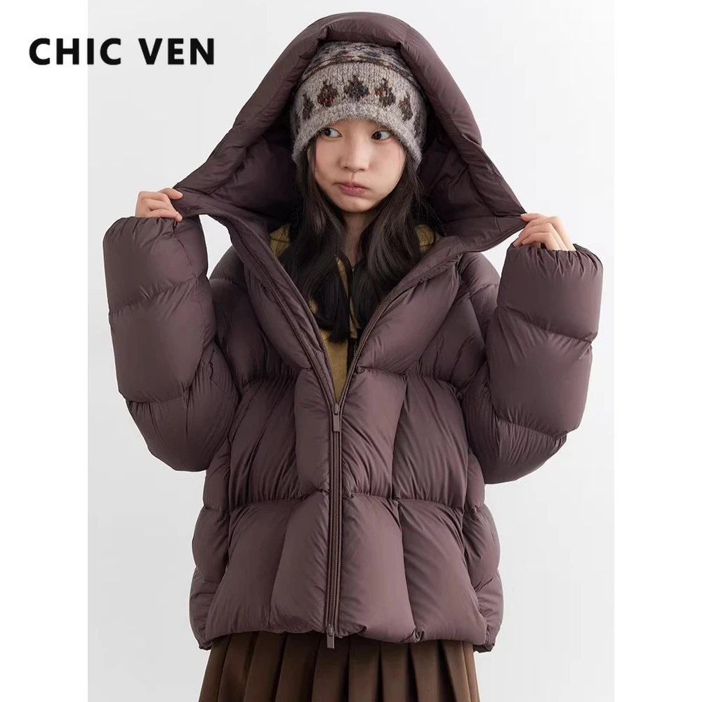 CHIC VEN Fashion Women Down Coats Solid Short Loose Casual Hooded Female Down Jacket 90 White Duck Down Autumn Winter 2025