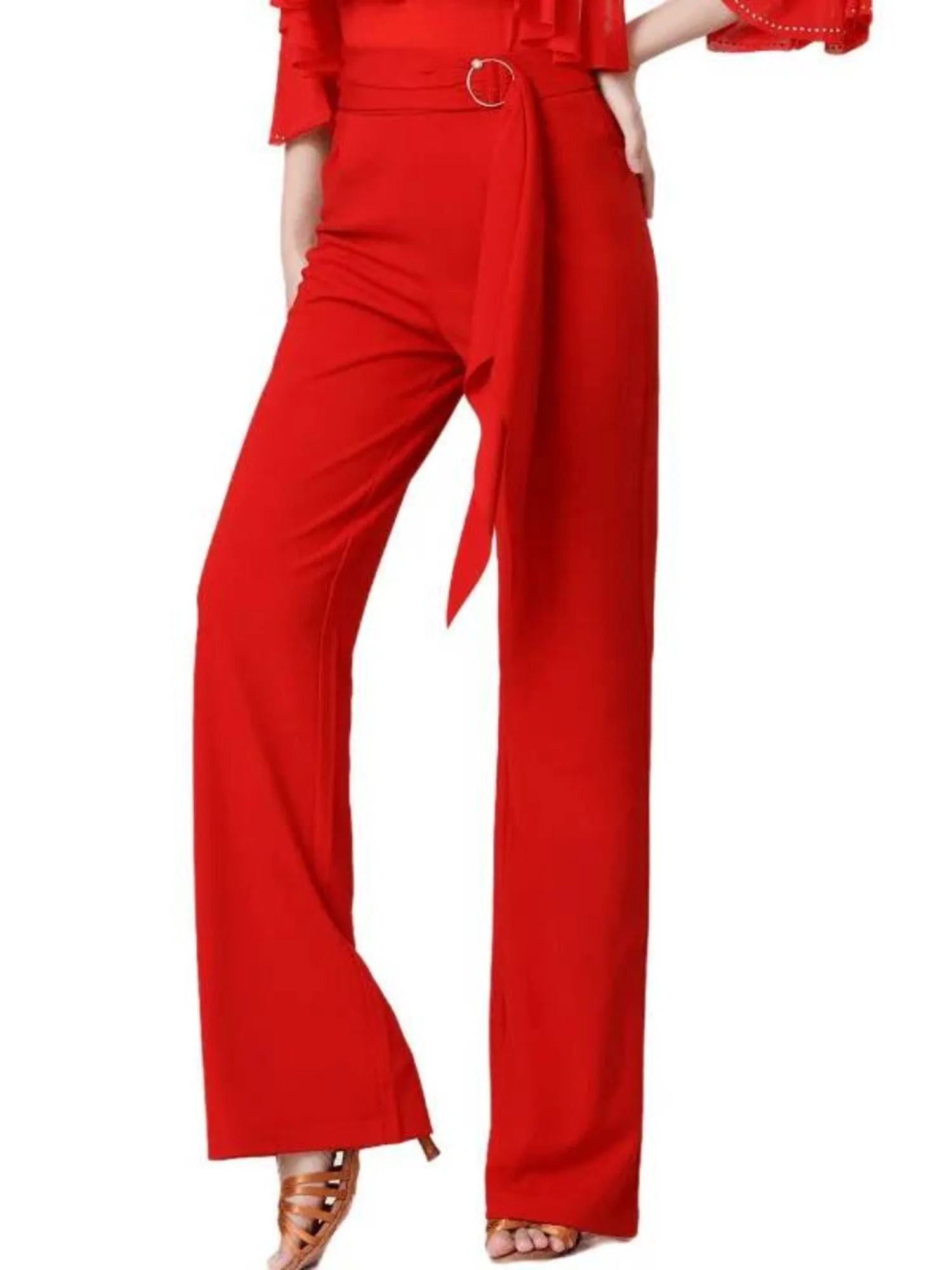 กางเกงเต้นรําบานเอวสูงสีทึบพร้อมสายรัดเอว – กางเกงการแสดงห้องบอลรูมสมัยใหม่ของผู้หญิง