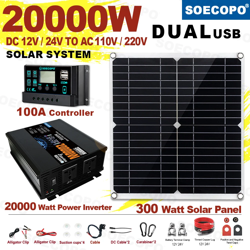 

SOECOPO 20000W Solar System Kit 300W Solar Panel Dual Voltage Input Inverter (2 Outlets 12V/24V) 100A Controller Camping Home