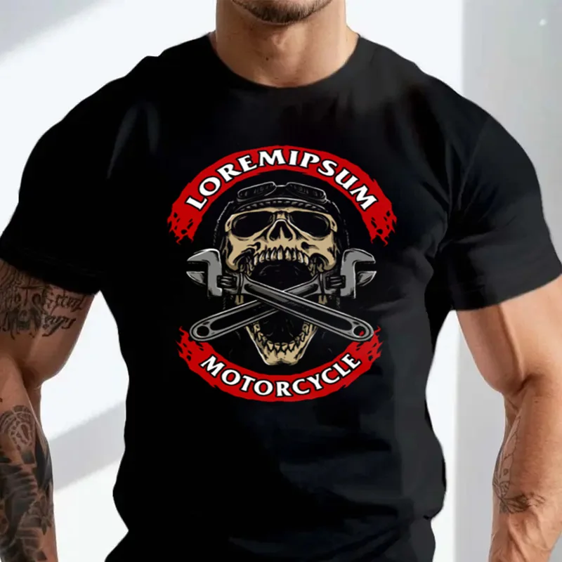 

Classic Motorcycle T-Shirt Skull With Wrenches Tshirt Unisex Shirt Short Sleeve Tshirts Fashion O-Neck Cotton Casual Tshirt