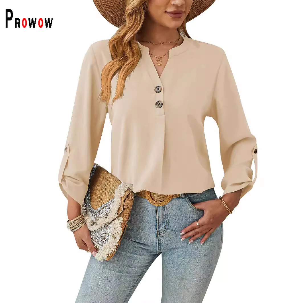 Prowow V-neck Women Blouses Long Sleeve Blue Slim Female Tops Clothes 2025 New Spring Summer Office Lady Elegant Outfits Brown