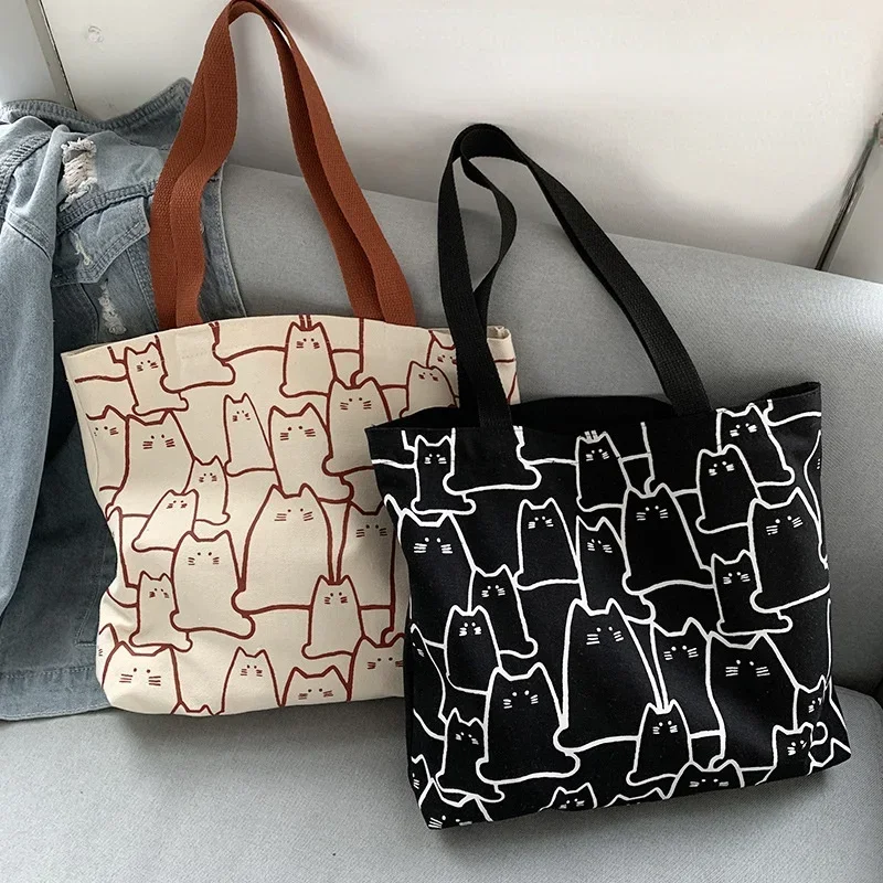 

Canvas Handbag For Women 2023 Fashion Cute Cat Tote Messenger Bags With Zipper Designer Bag Ladies Cartoon Shoulder Shopper Bags