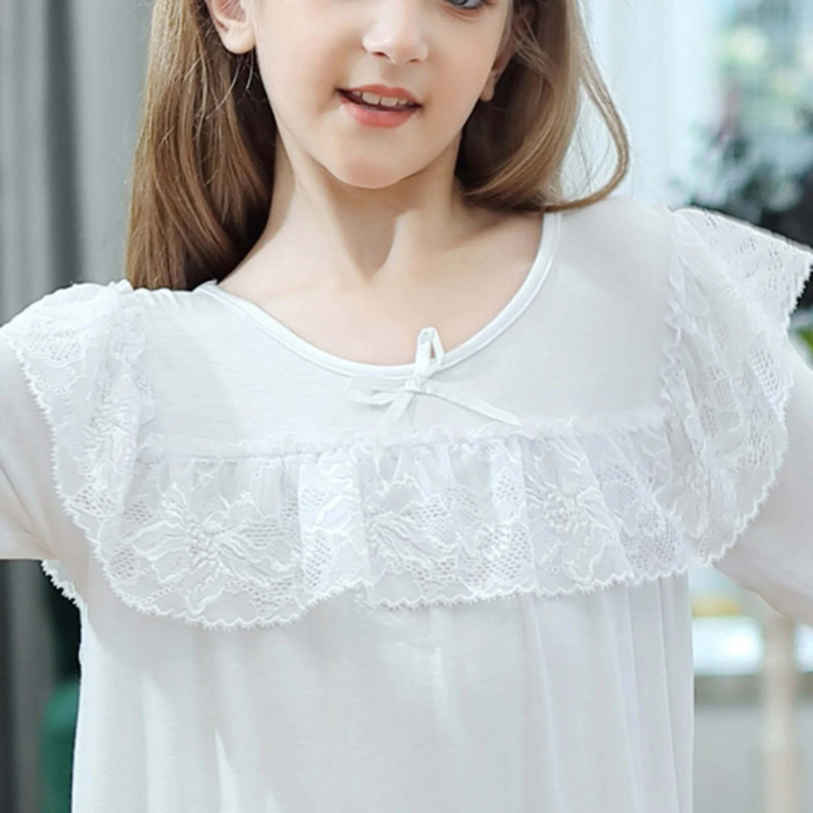 Kids Girls Lace Dress Children Nightdress Solid Color Ruffle Autumn Long Sleeve White Princess Dress Home Robe Sleepwear Vestido