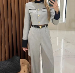 Women's Suits Streetwear Fashion Contrasting Color Small Fragrant Styleelegant Temperament Wide Leg Pants Sets 2023 Autumn New