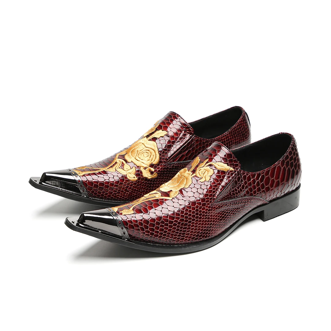 Schwarze Herren-Kleiderschuhe aus Leder mit goldener Blumenstickerei | Schlange – Hautstruktur und spitzes Zehen-Design – Detail 14