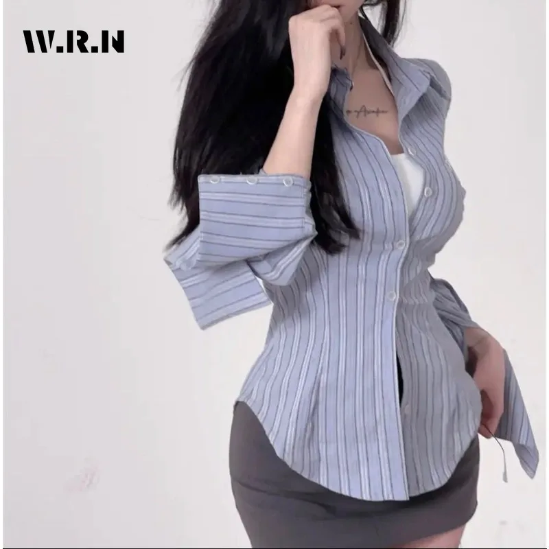 2024 Spring Hotsweet Turn-down Collar Puff Sleeve Tierred Coquette Female Blouses Women's Fashion Casual Gyaru Striped Shirts