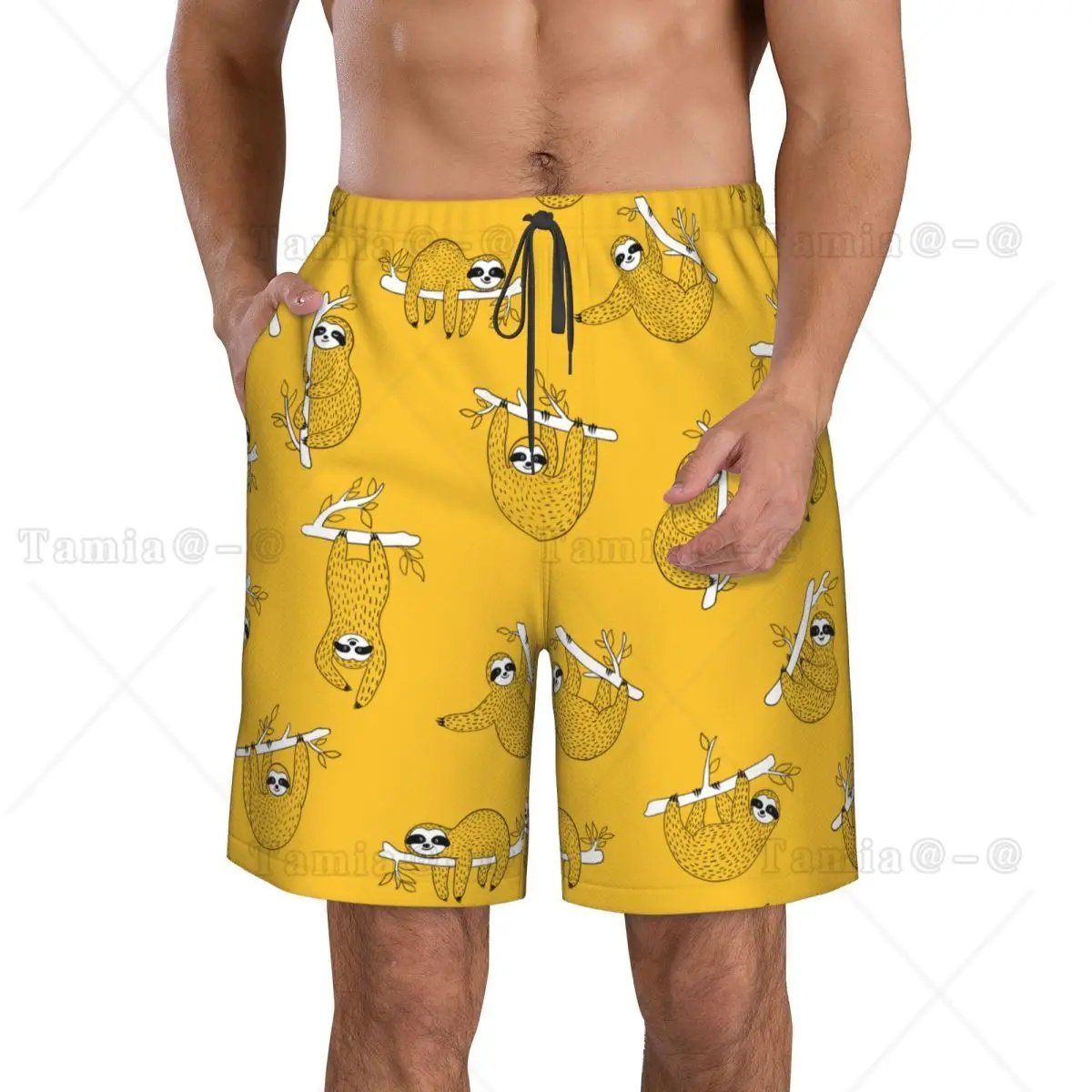 Man Swimwear Cute Baby Sloths Hanging On The Tree Yellow Print Swim Shorts Trunks Beach Board Shorts Mens Swimming Swimsuits