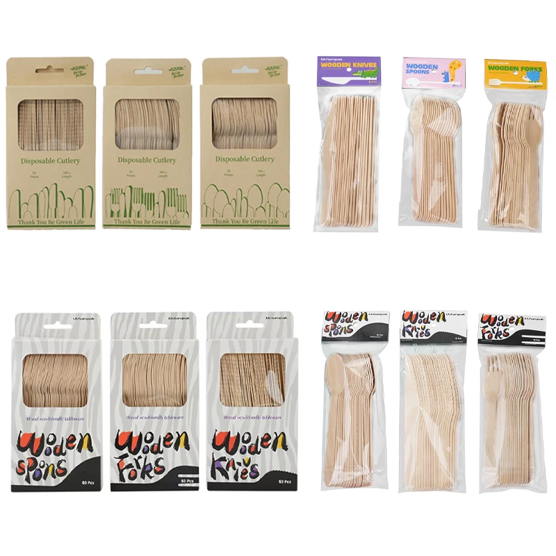 

Disposable wooden spoon fork knife, cutlery set suitable for dessert, cake, honey, ice cream, country wedding, birthday party