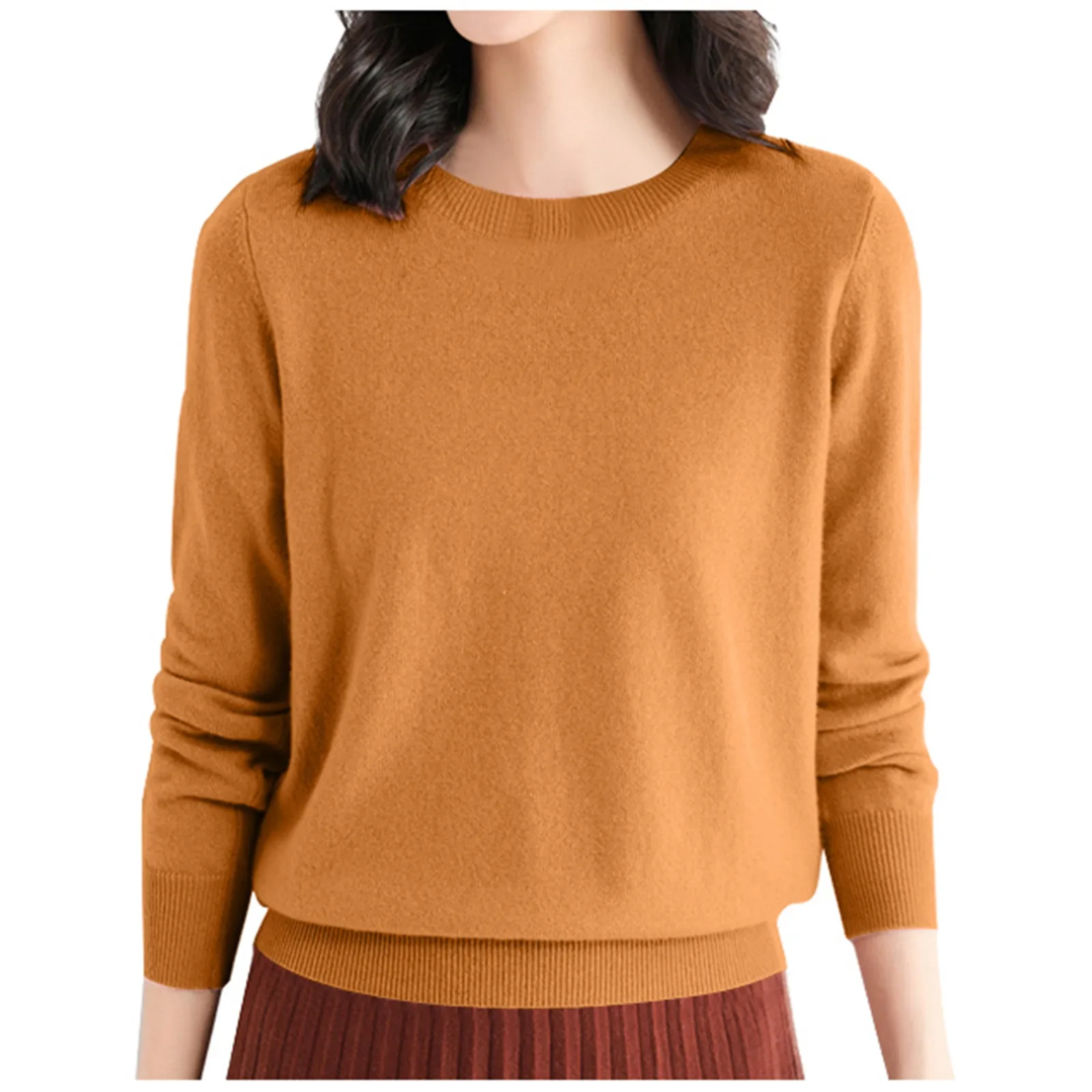 Women'S Solid Color Low-Neck Crewneck Sweater Long Sleeve Loose Women'S Base Sweater Simple Casual Slim-Fit Warm Jumper