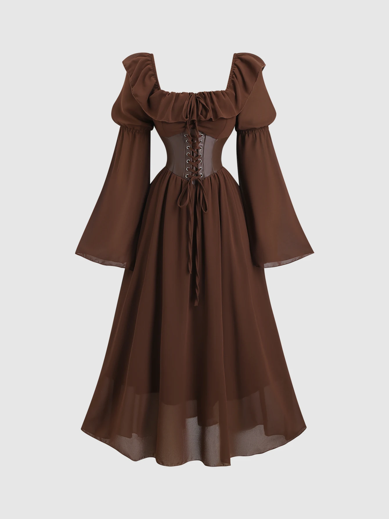 

Коричневое корсетное платье макси с квадратным вырезом и пышными рукавами, длинное корсетное платье с открытыми плечами и пышными рукавами с кружевом