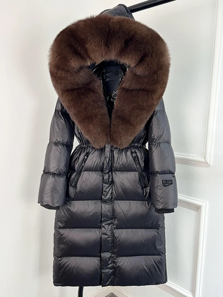 Janveny Thick Glossy Long Puffer Jacket Women Real Fox Fur Hooded 2026 Winter 90% Duck Down Coat Waterproof Female Warm Parkas