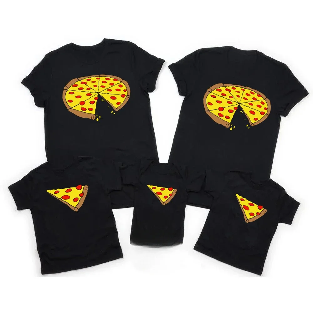 Funny Pizza Print Father Mother Kids T-Shirt Baby Bodysuit Cotton Summer Family Matching Outfits Mom Dad Children Match Clothes