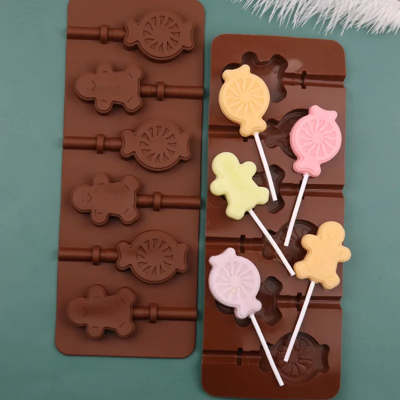 

6 Hole Cute Gingerbread Man Candy Silicone Lollipop Mold Food Grade Chocolate Molds DIY Cake Pastry Decor Kitchen baking tools