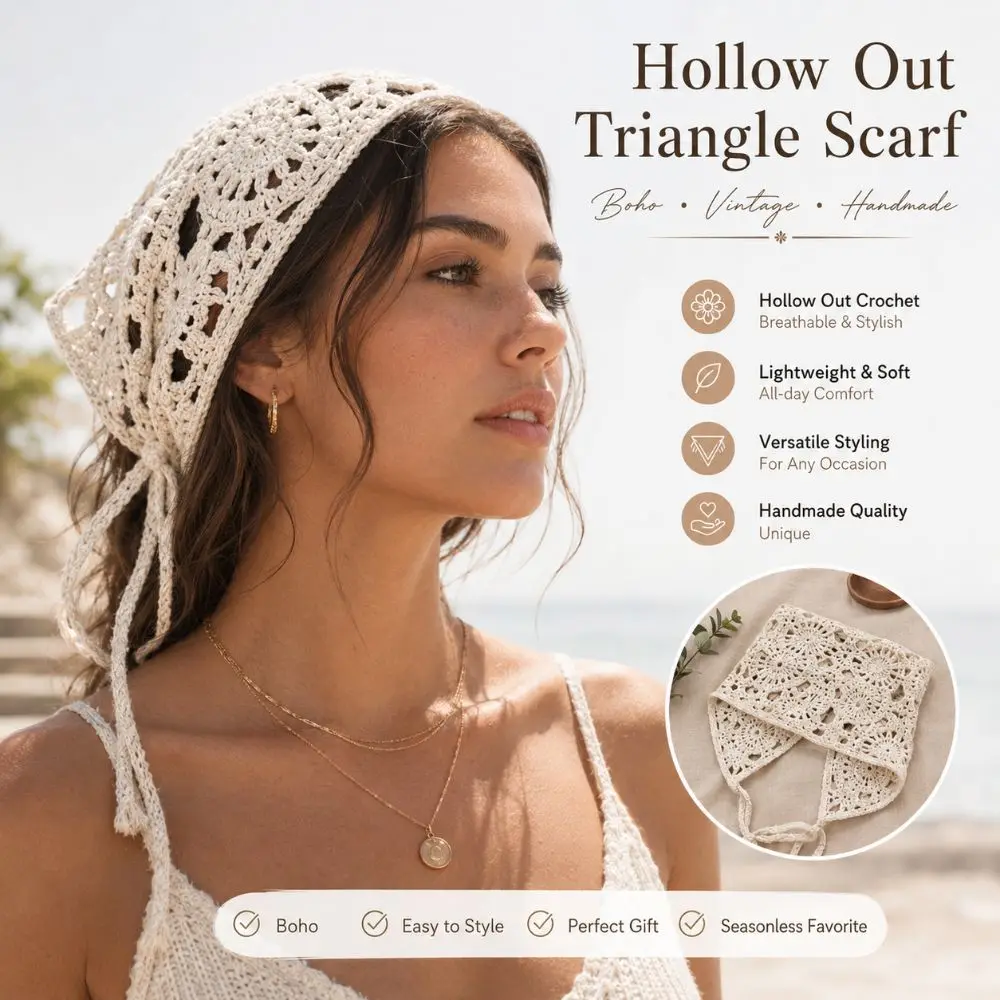 Solid Color Triangle Hair Scarf Sheer Mesh Hollow Knitted Headscarf Sweet Cute Strap Retro Knitted Fashion Headscarf For Women
