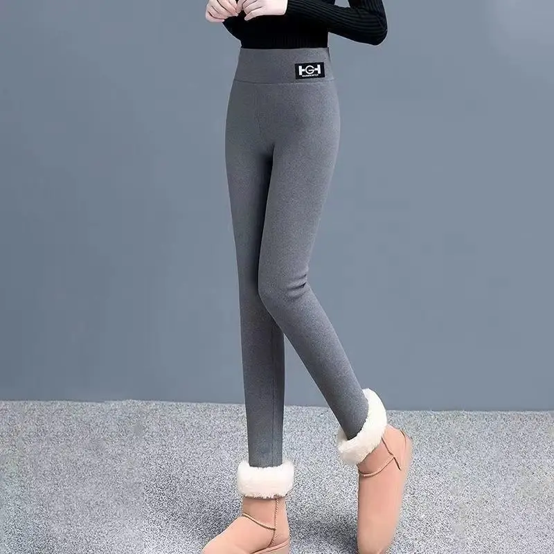 New High Street Lamb Wool Plus Fleece Leggings Women Winter Thicken High Waist Bodycon Thermal Solid Color Elastic Waist Trouser