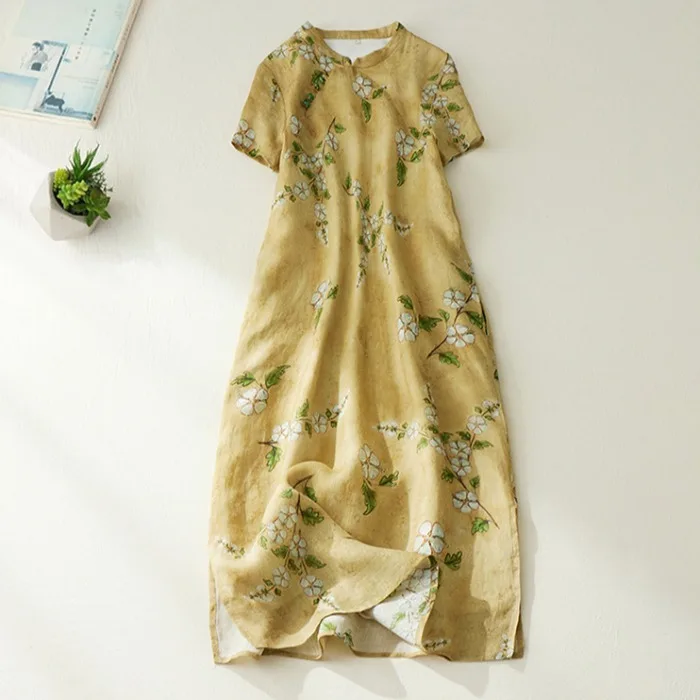 Grote maat katoen linnen print split Dr stand kraag ort Sve lange rok zomer dames retro woon-werkverkeer Sle