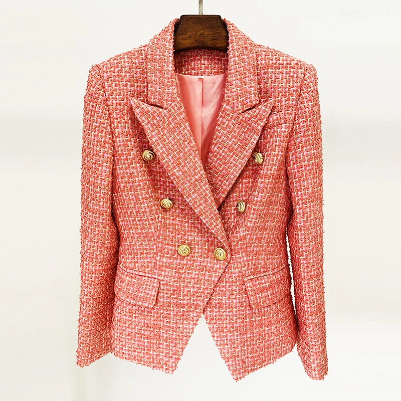 HIGH QUALITY Newest 2024 Designer Jacket Women's Classic Metal Lion Buttons Double Breasted Tweed Blazer Rose Red