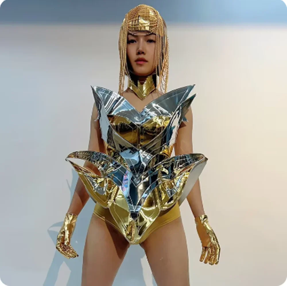 Drag Queen Outfit Future Sense Gold Silver Armour Mirror Stage Costume Sexy Gogo Dance Clothes Party Show Rave Dancewear yj876