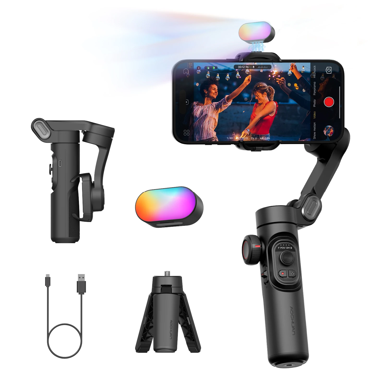 Zestaw Aochuan Smart XE stabilizator gimbala do smartfona iPhone nagrywanie wideo magnetyczne światło wypełniające 3-osiowy składany gimble z systemem Android