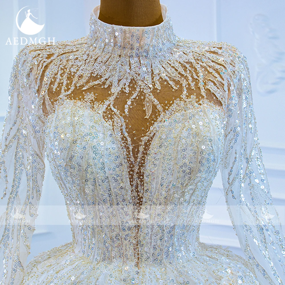 Aedmgh-Robe de Mariée en Dentelle à Paillettes, Col Haut, Manches sulf, Robes de Bal Exquises, 2024