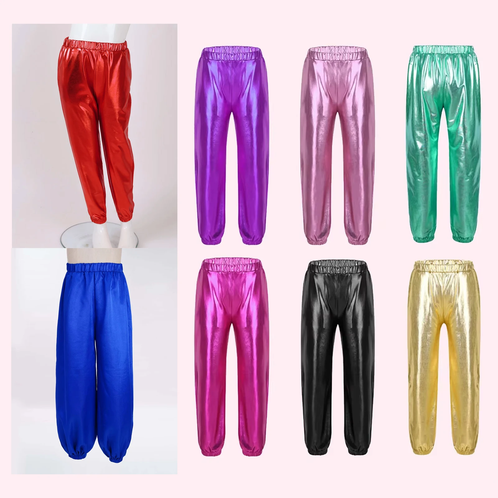 

Kids Boys Girls Harem Pants Satin/Metallic Elastic Waistband Trousers for Modern Hip Hop Street Dancewear Jazz Dance Costumes