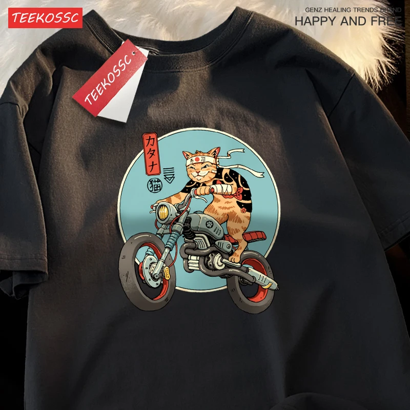 Japanese Harajuku Motorcycle Cat Tops Man Casual Oversize T Shirt Cotton Summer Casual Cartoon Crewneck Loose T Shirts Couple view 4