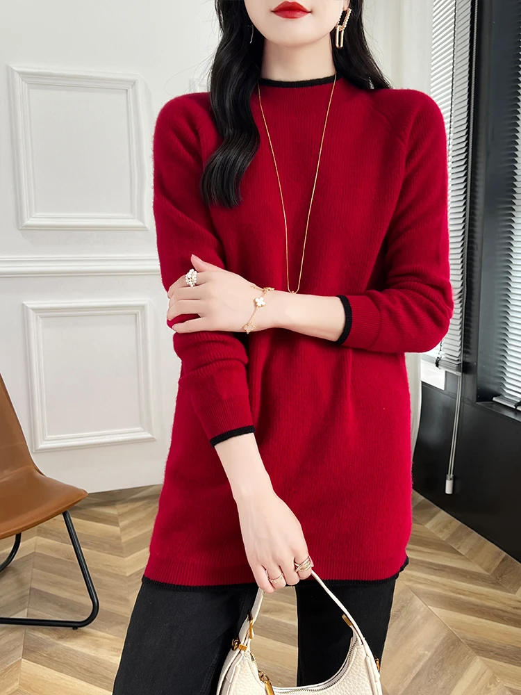 Choice Women O-neck Wool Pullover Sweater Autumn Winter 100% Merino Wool Knitwear Solid Long Simple Style Cashmere Sweater Tops