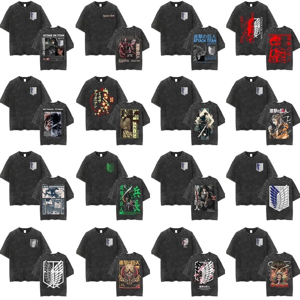 

Japanese Anime Attack on Titan Washed Vintage T-shirt Eren Jaeger T-shirts Levi Ackerman Graphic T Shirts Men Oversized T Shirt