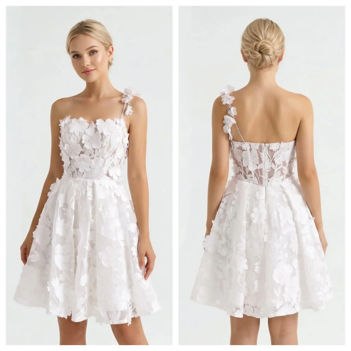 One Shoulder 3D Floral Tulle Mini Wedding Dress Sheer Mesh Back High Waist A-Line Skirt Evening Gowns Customizable