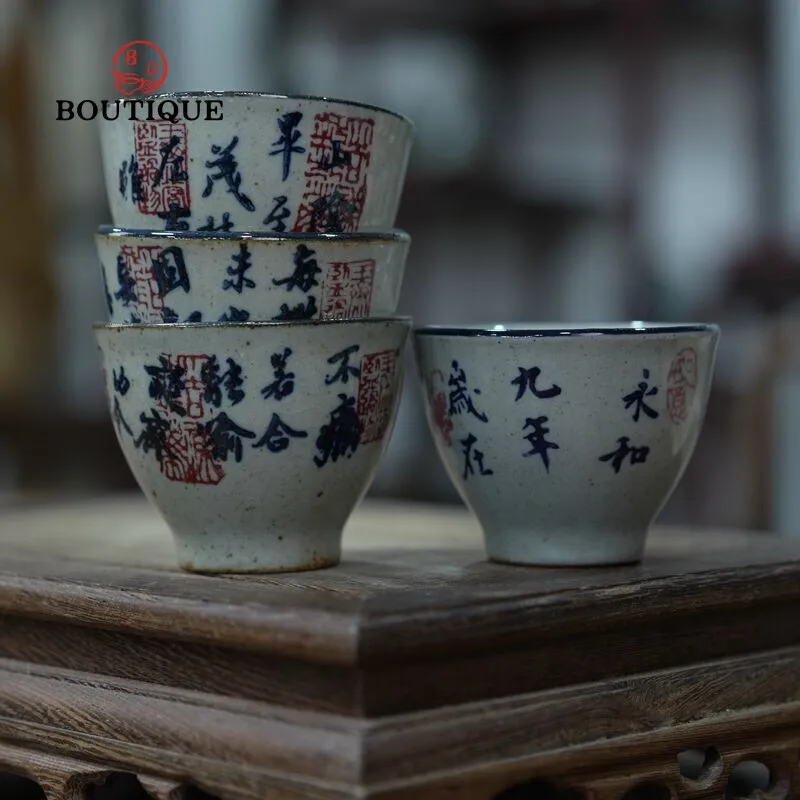 60ml Antique Hand Painted Tea Cup Chinese Teacups  Calligraphy Ceramics Pottery Ancient Teacup Jingdezhen Teaware Tea Bowl Home