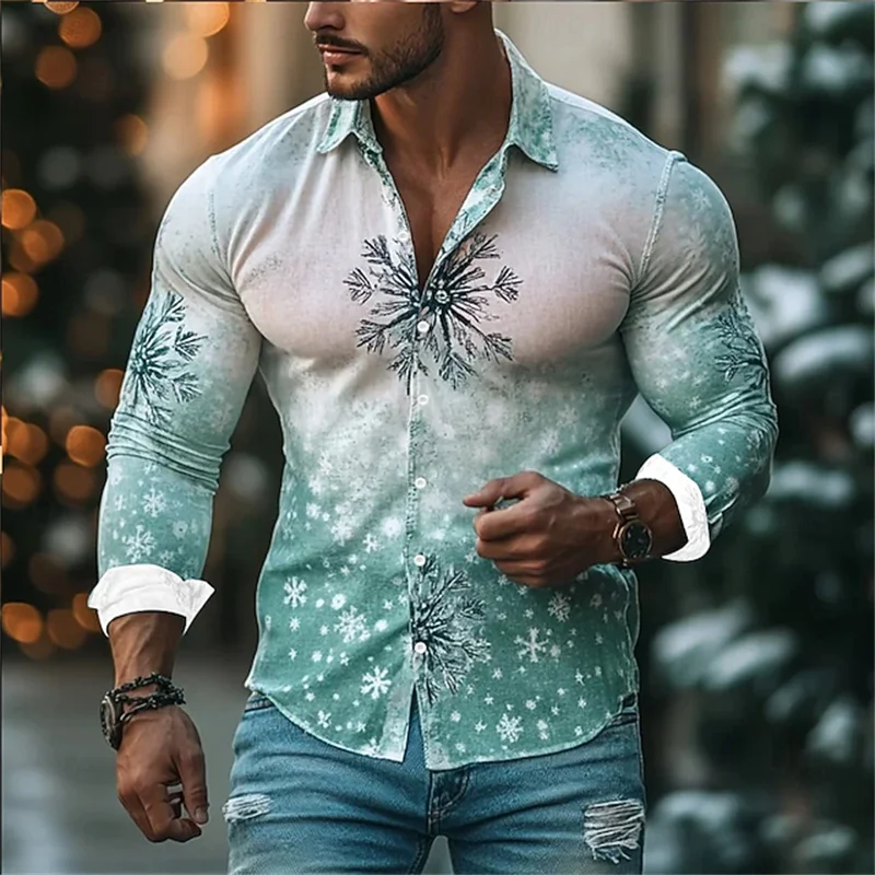 Men's Christmas Snowflake Gradient Shirt Casual Long Sleeve Retro Outdoor Leisure Holiday Shirt Merry Christmas