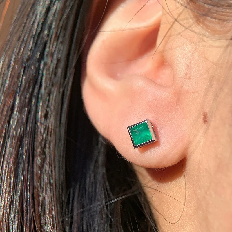 Aazuo Fine Jewelry 18K Solid Yellow Gold Natural Emerald Classic Square Stud Earrings Gifted for Women Engagement Wedding Party