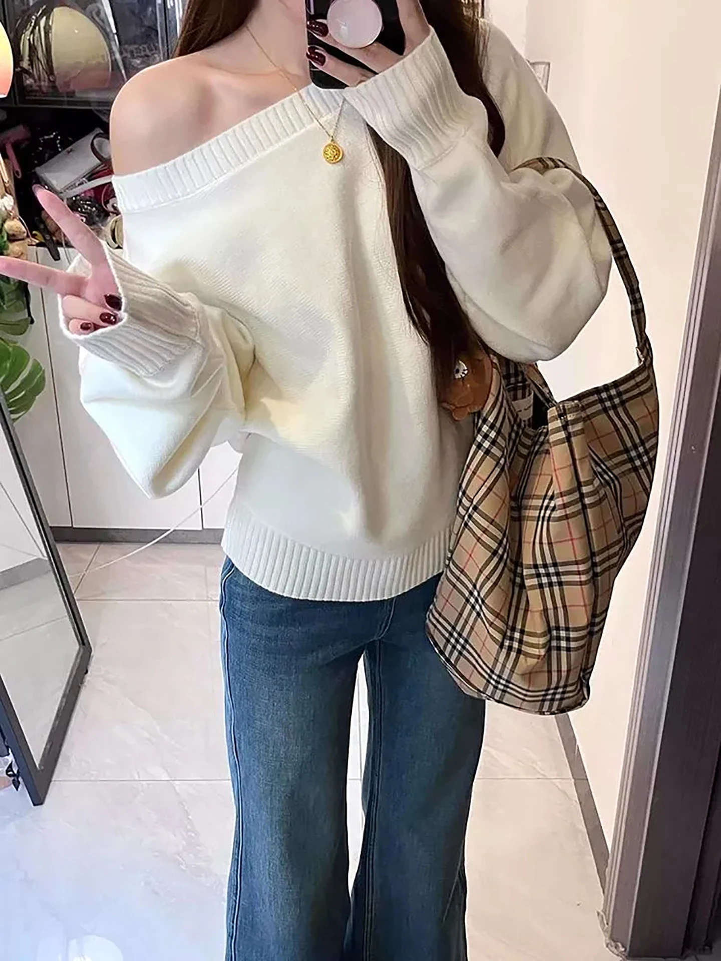 

Ele вязаный свитер, женский свободный крой с косым воротником, косой коротник, коврик, универсальный осенне-зимний модный свитер