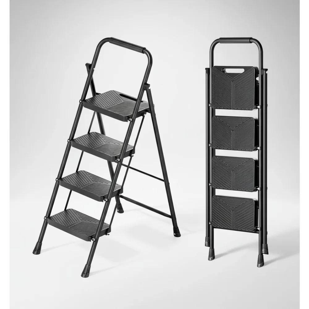 سلم قابل للطي بأربع خطوات، مقعد فولاذي عالي التحمل مع دواسات ودرابزين مضادة للانزلاق، سعة 500 رطل للمطبخ المنزلي #1