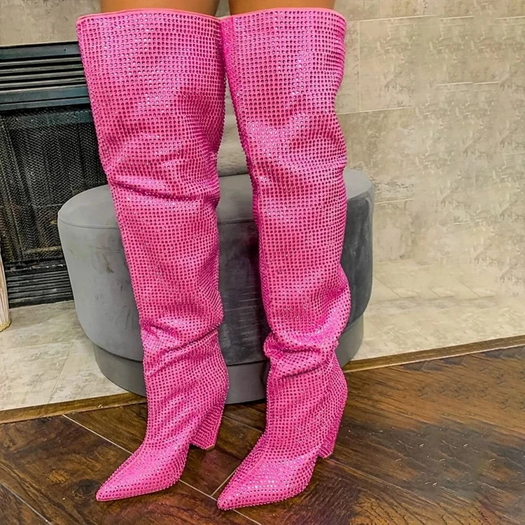 Pink Block Heel Boots Women's Pointed Toe Rhinestone Slip On Bling Bling Full Crystal Over The Knee Boots Ladies Thigh Booties