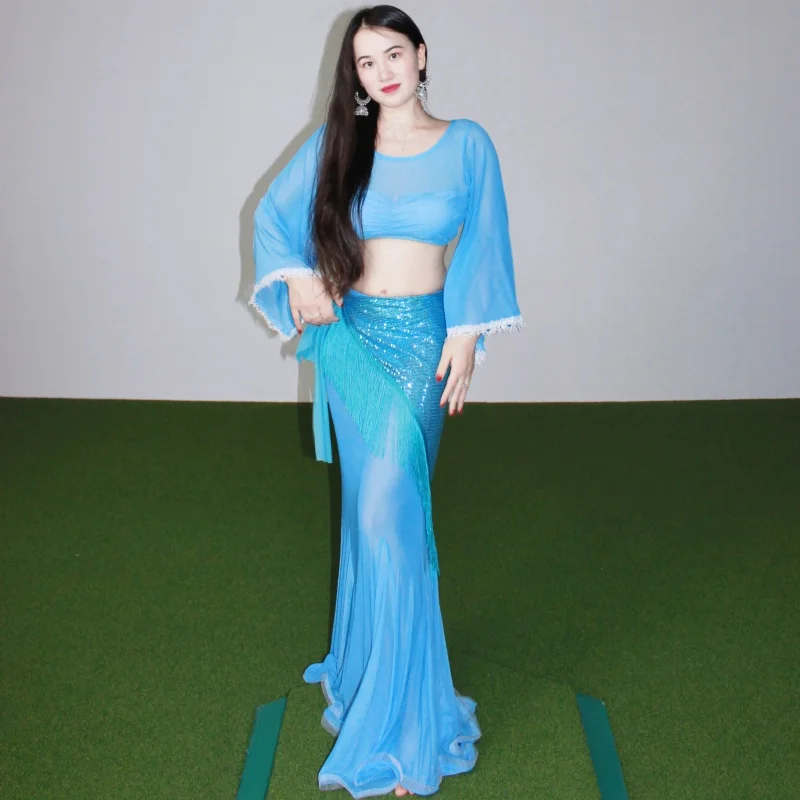 جديد أداء الرقص الشرقي زي المرأة طويلة الأكمام الدانتيل أعلى مثير ذيل السمكة تنورة طويلة مجموعة الرقص الشرقي ممارسة الزي