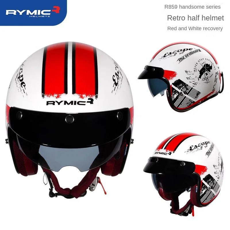 RYMIC-casco de motocicleta Retro, medio casco de cuero, forro desmontable, lentes antideslumbrantes, protector solar, Verano