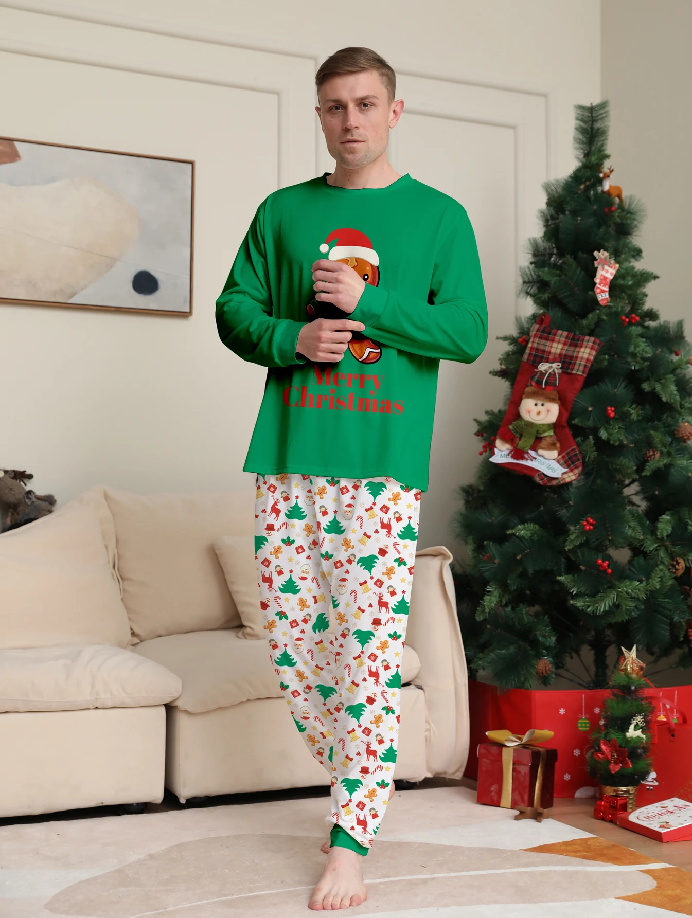 مجموعة بيجامة عيد الميلاد للرجال، بلوزة خضراء مع رجل خبز الزنجبيل، عنصر عيد الميلاد - سروال مملوء #5