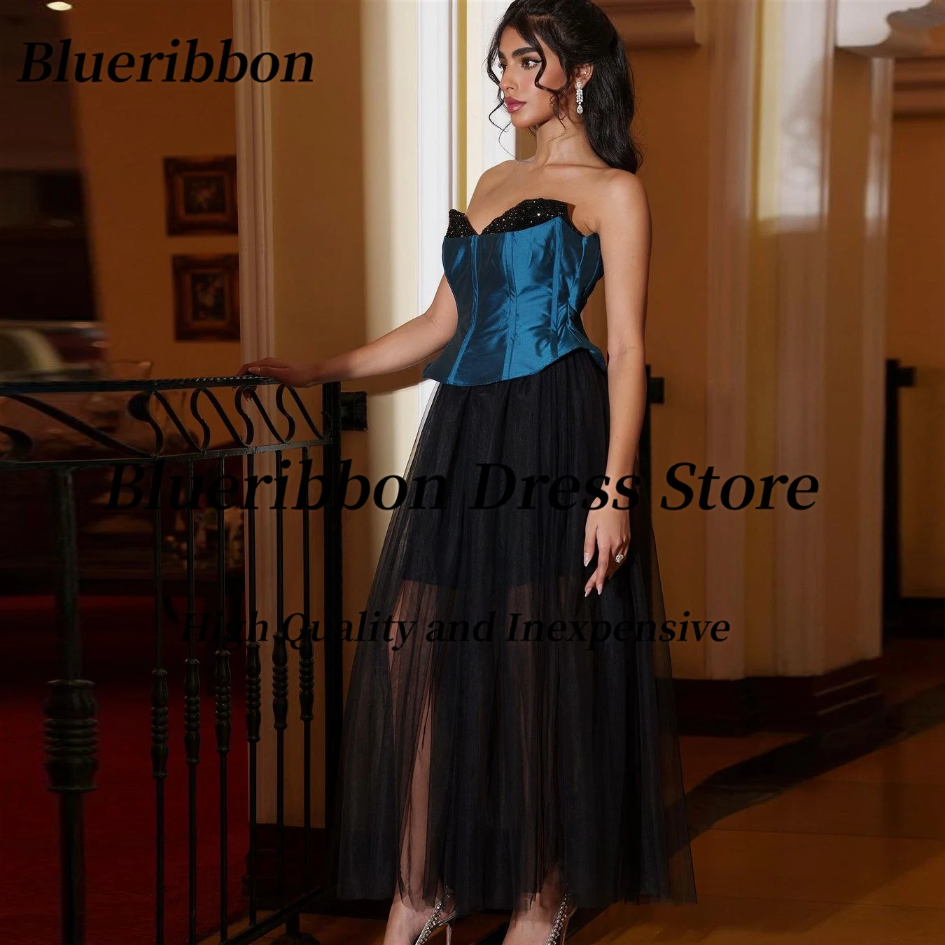 

Blueribbon Prom Dresses Beaded Sweetheart Evening Dress Contrast Color Corset Ankle Length Tulle Birthday Party Gowns