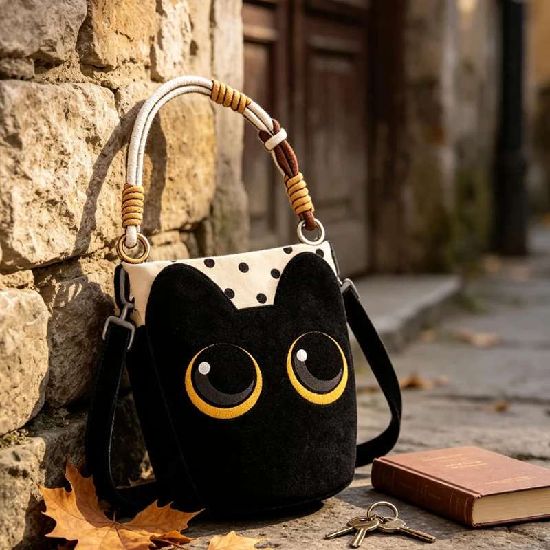 Gepunktete Cartoon-Katzen-Canvas-Umhängetasche, Niedliche Schwarze Kätzchen-Beuteltasche, Geräumige Casual-Shopper-Tragetasche – Detail 3