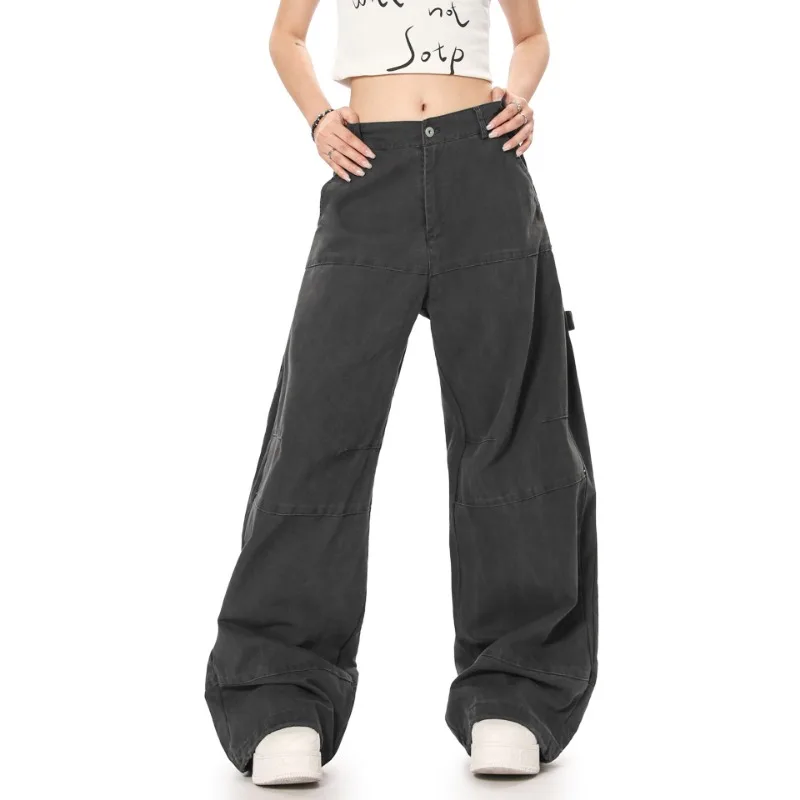 OR FL American High Street Vibe Style 100 Cotton Women Cargo Trousers Baggy Staraight Slacks Women's Solid Color Aging Pants Y2k