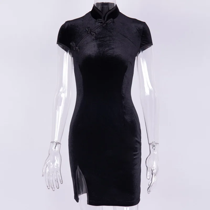 Vintage Velvet Cheongsam Dress Stand Collar Fashion Black Velvet Dress Women Traditional Chinese Clothing Qipao Harajuku Vestido