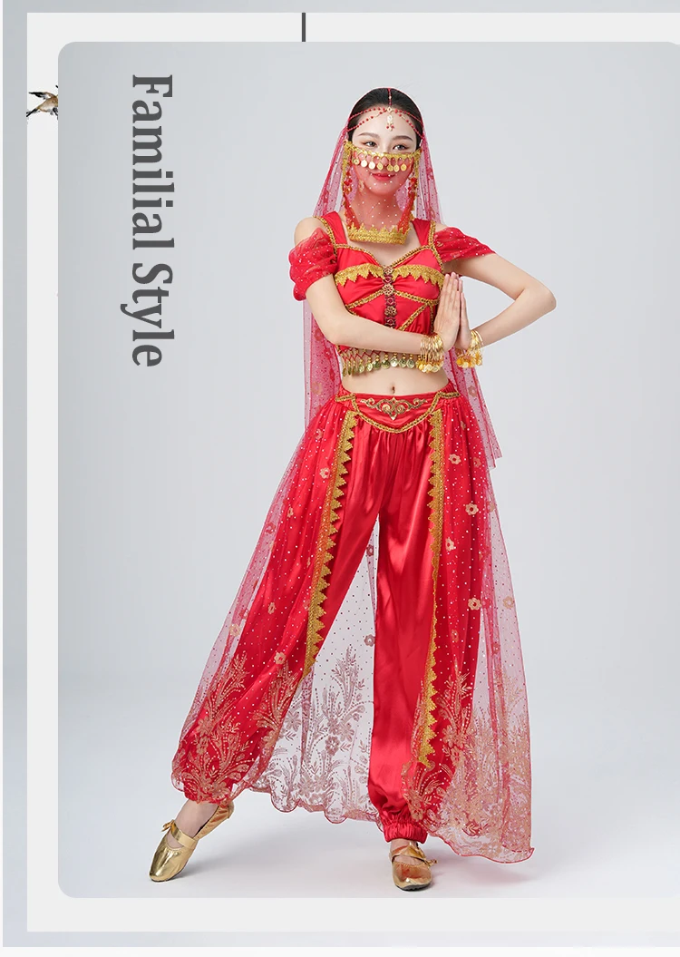 Frauen Bauchtanz Halloween Performance Kostüme Hosenanzug Aladdin Jasmin Prinzessin Dress Up Party Kleidung Tanzen Outfit – Detail 9