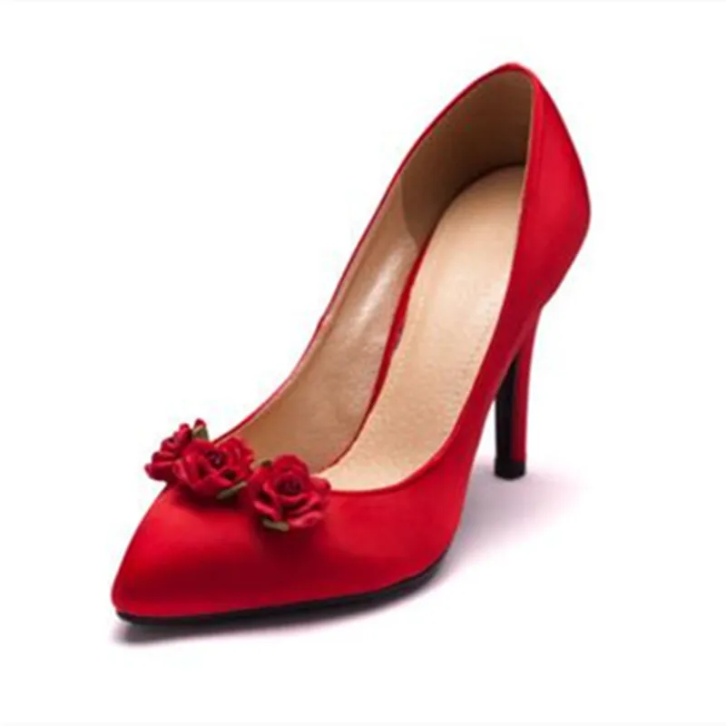 

SHOFOO shoes Fashionable high-heeled women's shoes Satin Pointed toe pumps Flower decoration About 11cm high heels Lady shoes